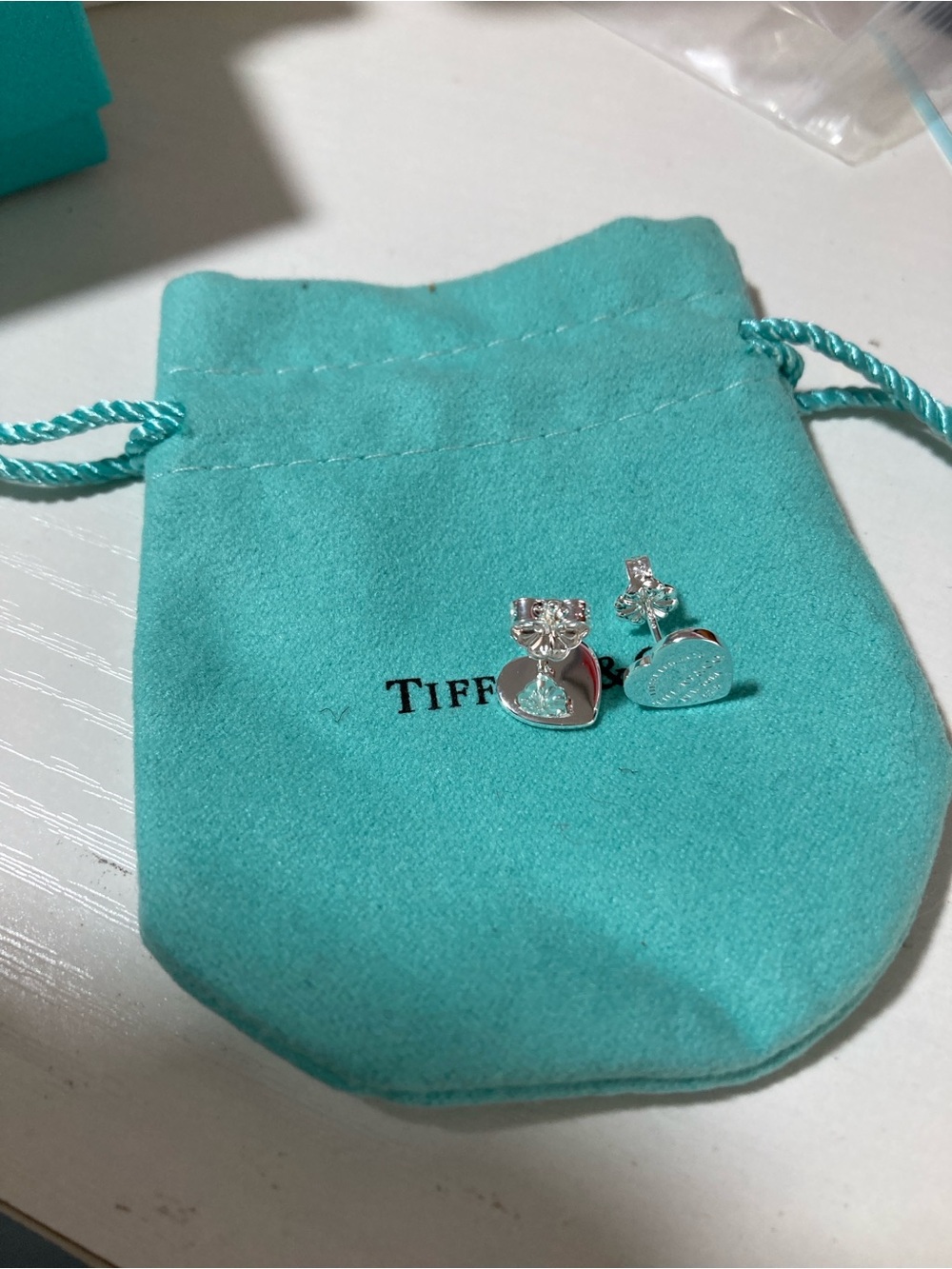 Tiffany & Co. Silver Heart Stud Earrings with Clear Crystals on Turquoise Pouch